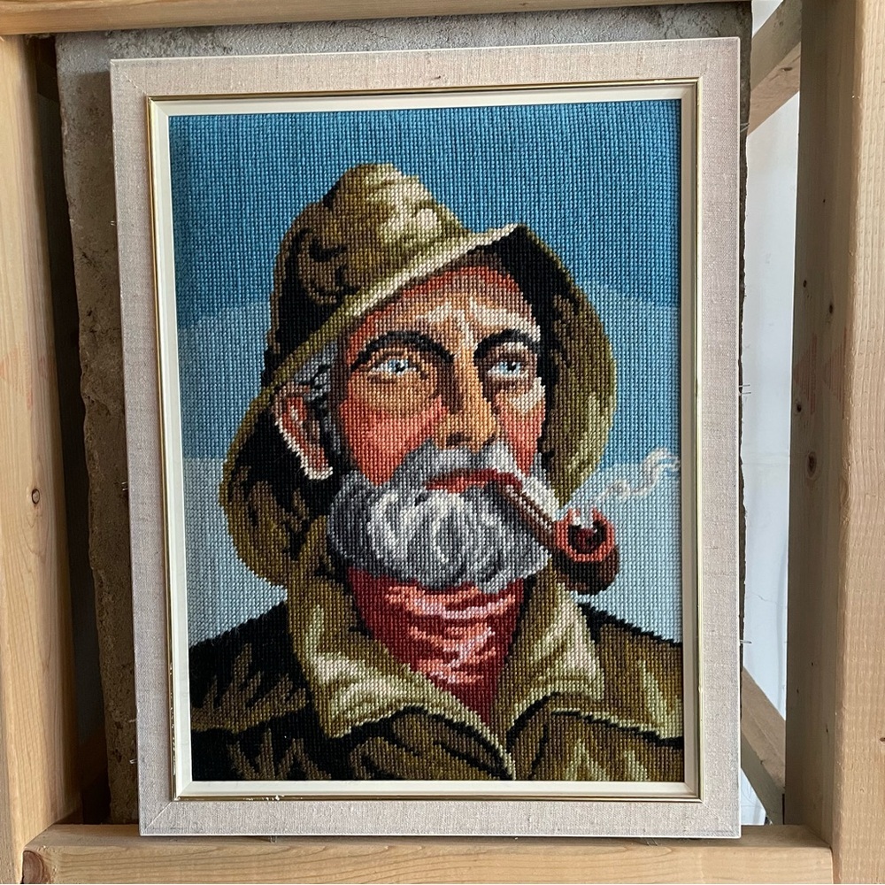 VINTAGE Embroidery Framed Needlepoint Art of Bearded Man